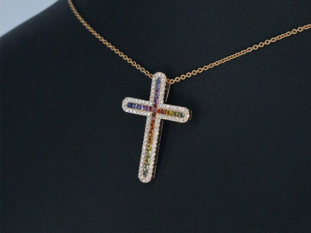 Gouden kruishanger met natuurlijke diamanten en edelstenen, excl. ketting - afbeelding 3 van  8