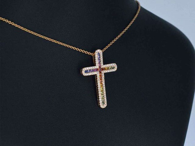 Gouden kruishanger met natuurlijke diamanten en edelstenen, excl. ketting - afbeelding 4 van  8