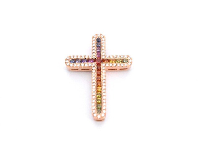 Gouden kruishanger met natuurlijke diamanten en edelstenen, excl. ketting - afbeelding 6 van  8