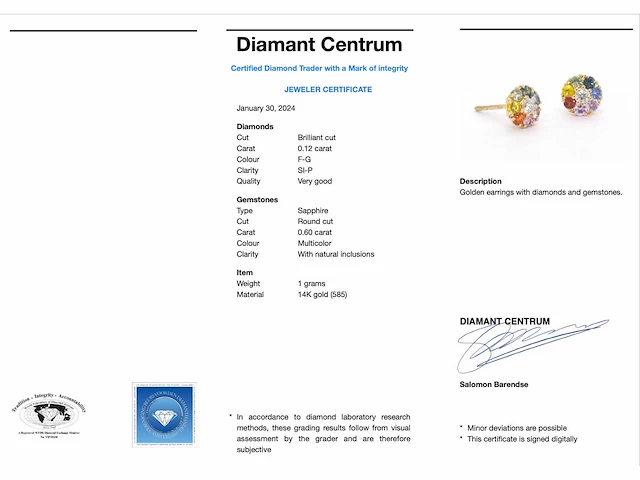Gouden oorbellen diamant saffier multicolour - afbeelding 3 van  8