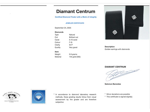 Gouden oorbellen met diamant - afbeelding 2 van  2