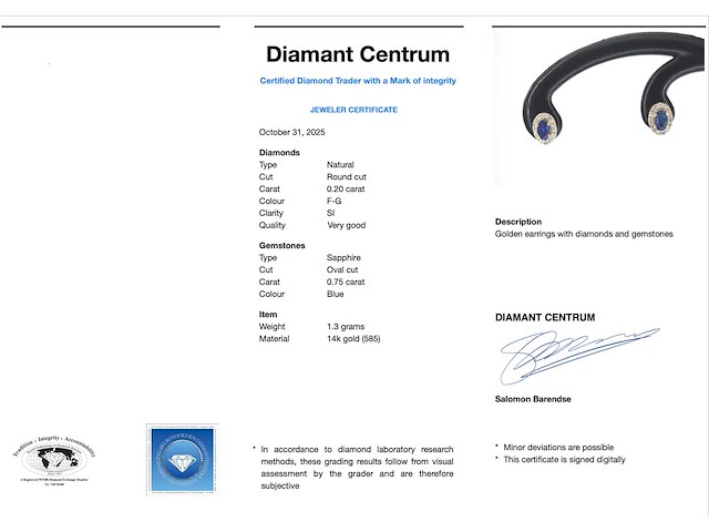 Gouden oorbellen met diamanten en saffier - afbeelding 3 van  8