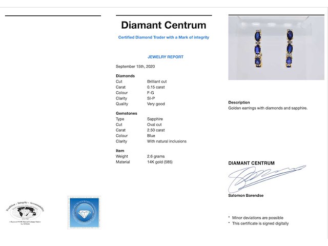 Gouden oorbellen met diamanten en saffier - afbeelding 3 van  8