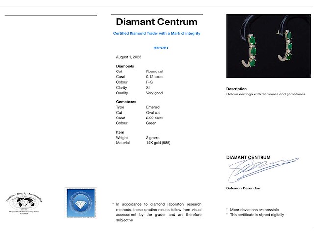 Gouden oorbellen met diamanten en smaragd - afbeelding 3 van  8
