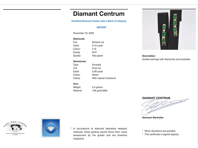 Gouden oorbellen met diamanten en smaragd - afbeelding 3 van  8