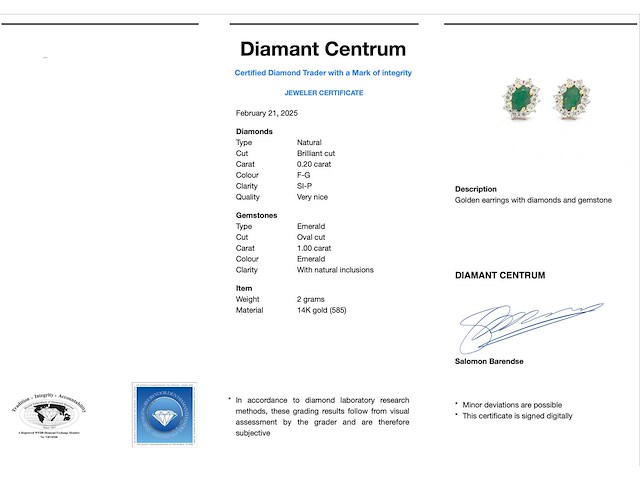 Gouden oorbellen met een groene ovale smaragd en natuurlijke diamanten - afbeelding 4 van  10