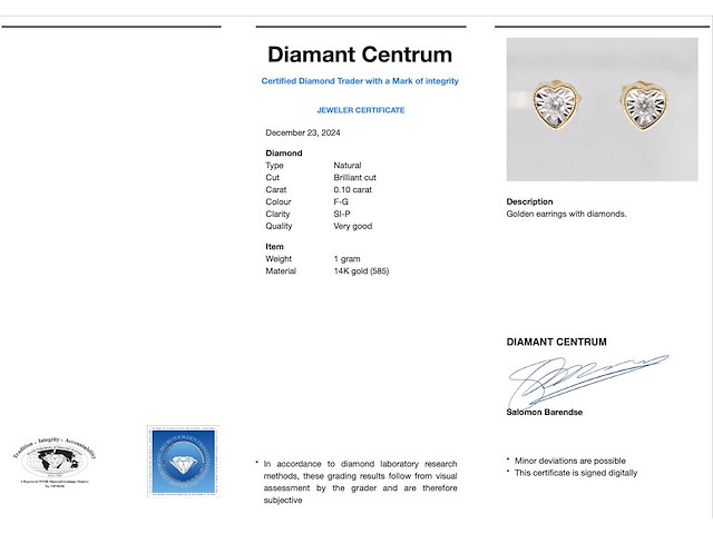 Gouden oorbellen met hartvorm briljant diamant - afbeelding 3 van  6