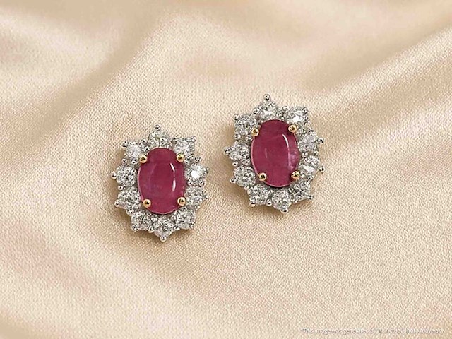 Gouden oorbellen met natuurlijke diamanten en robijn - afbeelding 2 van  12
