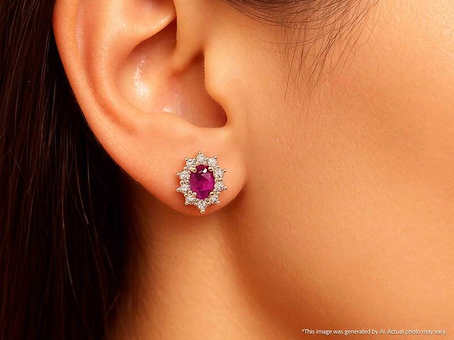 Gouden oorbellen met natuurlijke diamanten en robijn - afbeelding 5 van  12