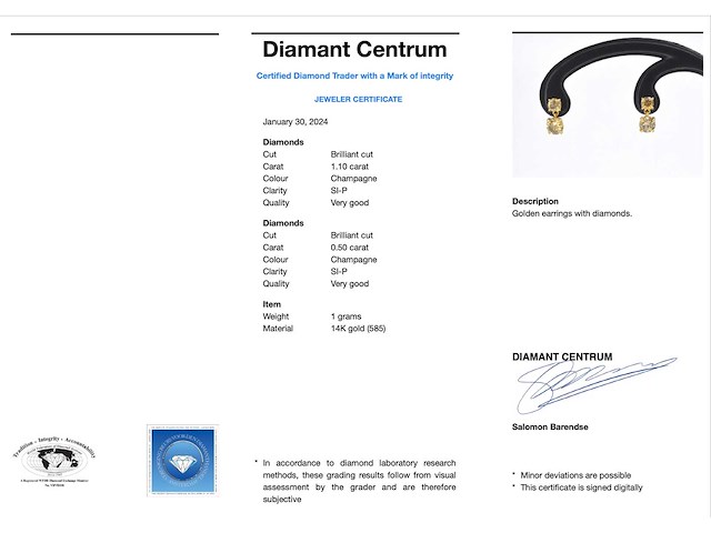Gouden oorbellen met vier natuurlijke diamanten 1.60 carat - afbeelding 3 van  9
