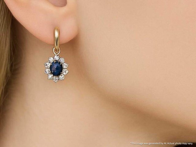 Gouden oorhangers met natuurlijke diamanten en blauwe saffieren - afbeelding 2 van  9
