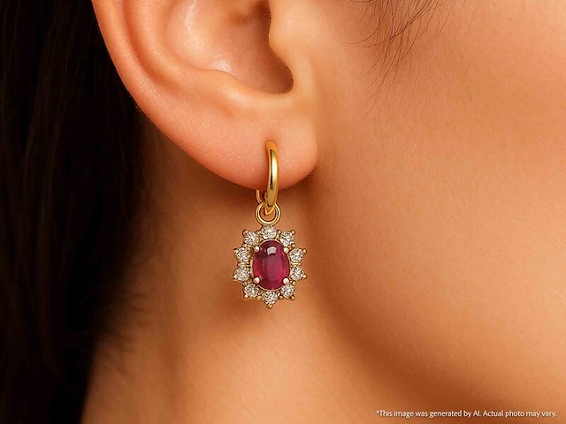 Gouden oorhangers met natuurlijke diamanten en robijnen - afbeelding 3 van  10