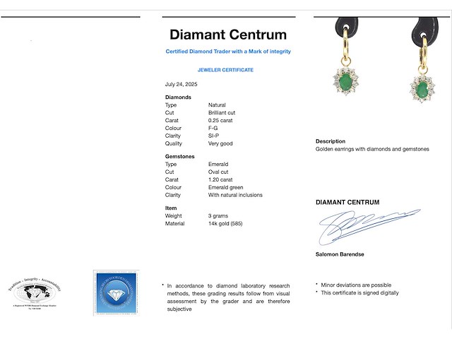 Gouden oorhangers met natuurlijke diamanten en smaragden - afbeelding 3 van  9