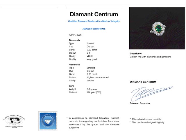 Gouden ring met centrale hoge kwaliteit smaragd en natuurlijke diamanten - afbeelding 3 van  8