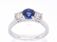 Gouden ring met diamant en een blauwe saffier - afbeelding 1 van  10