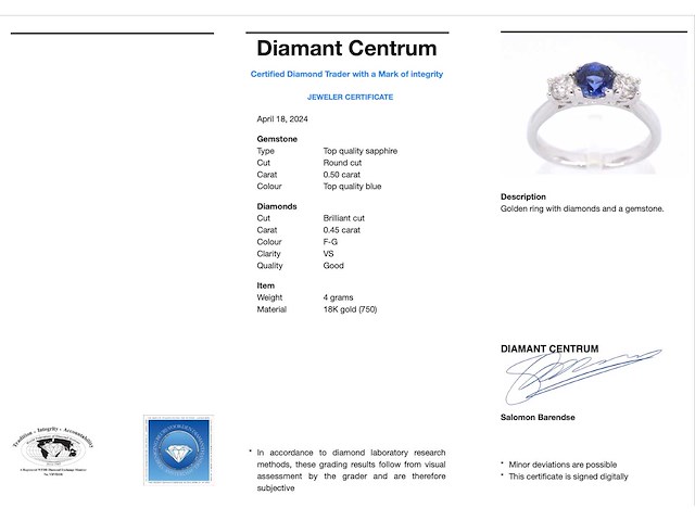 Gouden ring met diamant en een blauwe saffier - afbeelding 4 van  10