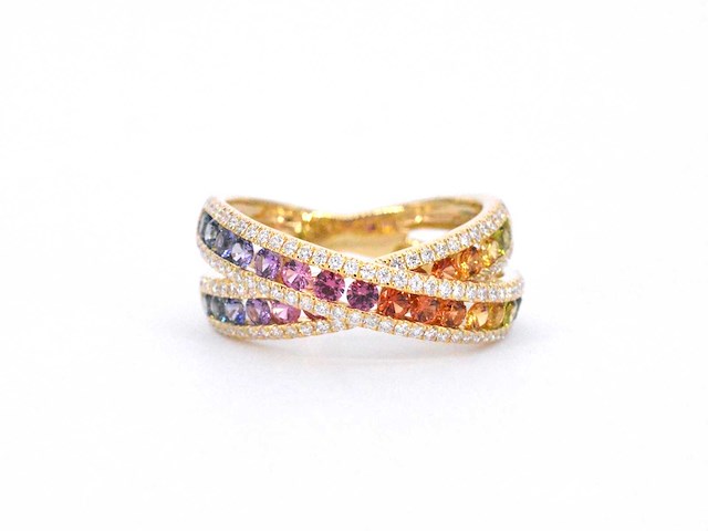Gouden ring met diamanten en multicolour saffieren - afbeelding 9 van  11