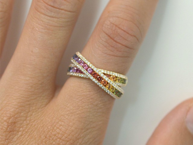 Gouden ring met diamanten en multicolour saffieren - afbeelding 12 van  12