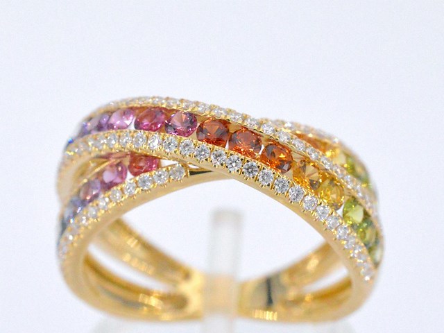 Gouden ring met diamanten en multicolour saffieren - afbeelding 1 van  12