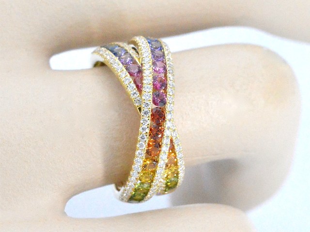 Gouden ring met diamanten en multicolour saffieren - afbeelding 5 van  12