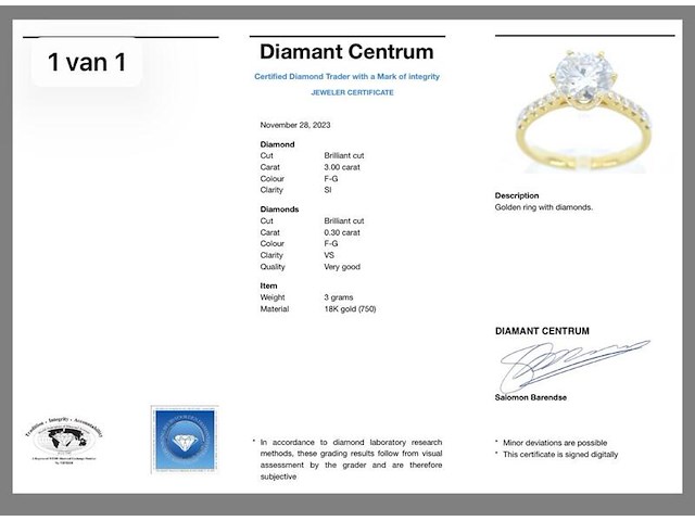 Gouden ring met een briljant geslepen diamant van 3.00 carat, goud - afbeelding 9 van  9