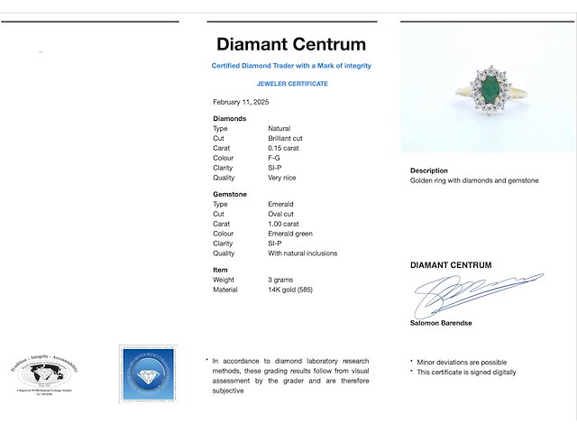 Gouden ring met een groene ovale smaragd en natuurlijke diamanten - afbeelding 3 van  9