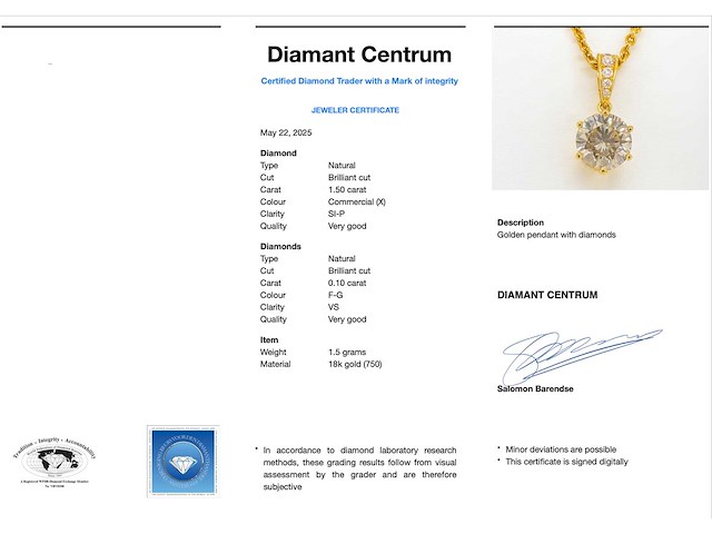 Gouden solitair hanger diamant 1.50 carat - afbeelding 4 van  10