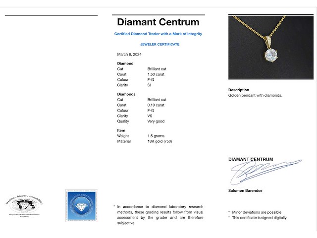 Gouden solitair hanger met diamant 1.50 carat - afbeelding 3 van  6