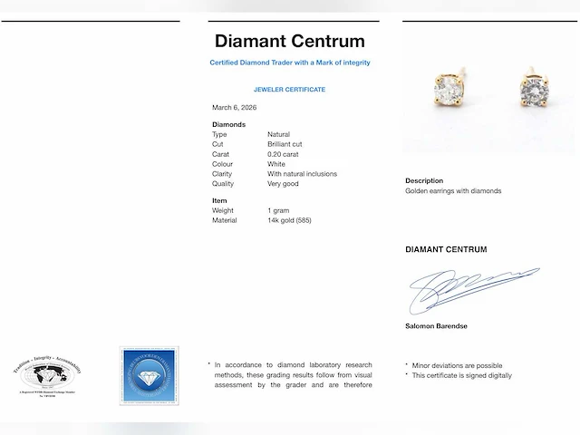 Gouden solitair oorbellen briljant 0.20 ct - afbeelding 7 van  7