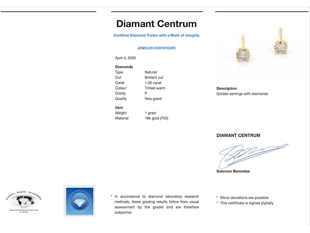 Gouden solitair oorbellen champagne diamant 1.00 carat - afbeelding 3 van  8