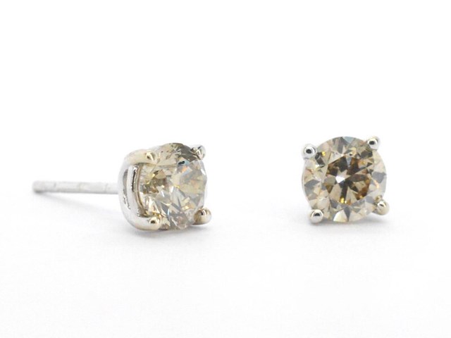 Gouden solitair oorbellen met champagne diamant 2.10 carat - afbeelding 1 van  7