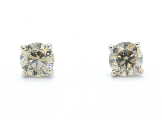 Gouden solitair oorbellen met champagne diamant 3.00 carat - afbeelding 1 van  3