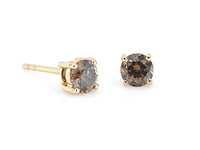 Gouden solitair oorbellen met natuurlijke cognac diamanten - afbeelding 1 van  9