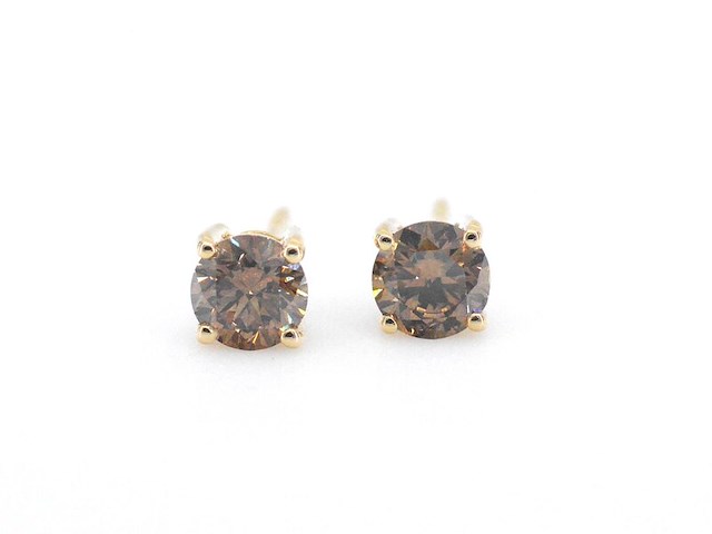 Gouden solitair oorbellen met natuurlijke cognac diamanten - afbeelding 6 van  9