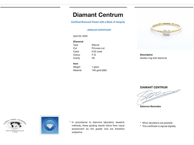Gouden solitaire ring met een natuurlijke prinses geslepen diamant - afbeelding 3 van  9