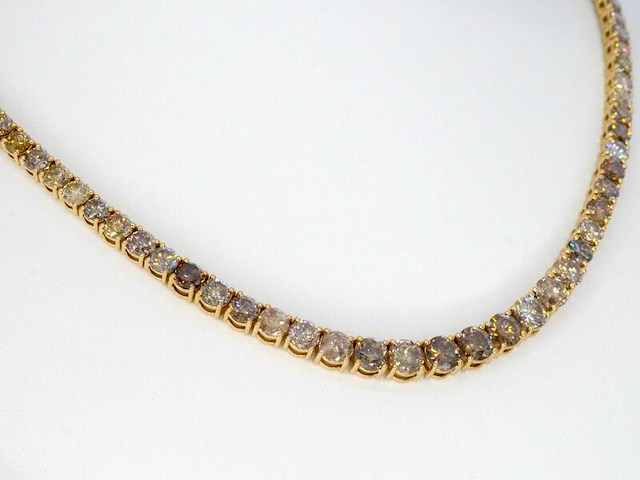 Gouden tennis collier met champagne en cognac diamanten - afbeelding 2 van  14