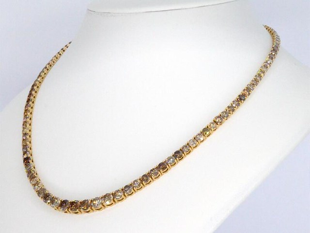 Gouden tennis collier met champagne en cognac diamanten - afbeelding 3 van  14