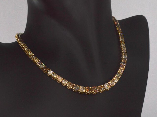 Gouden tennis collier met champagne en cognac diamanten - afbeelding 1 van  14