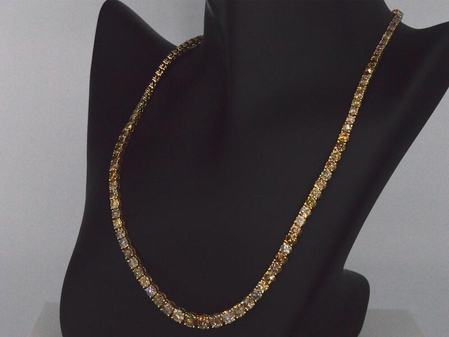 Gouden tennis collier met champagne en cognac diamanten - afbeelding 7 van  14