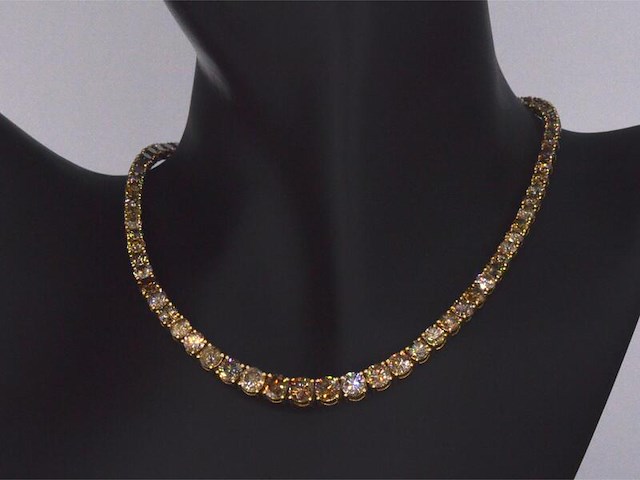 Gouden tennis collier met champagne en cognac diamanten - afbeelding 9 van  14