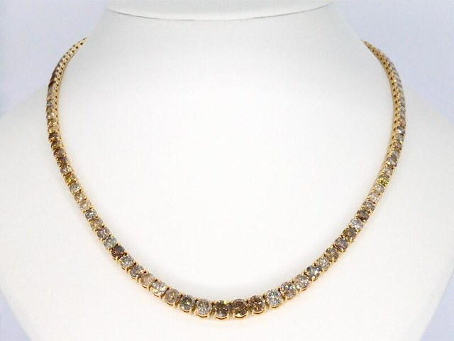 Gouden tennis collier met champagne en cognac diamanten - afbeelding 13 van  14