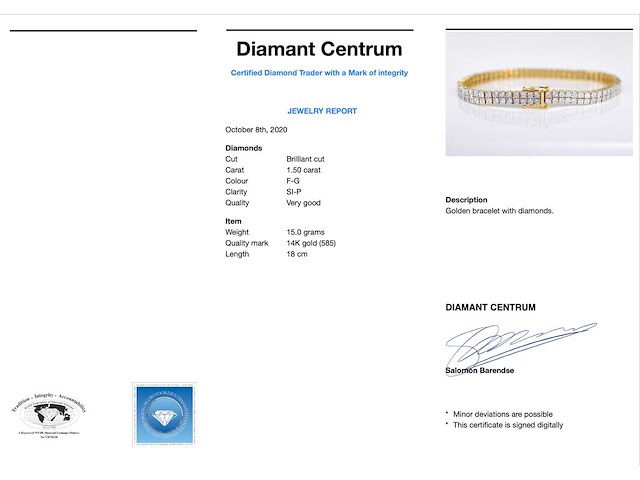 Gouden tennisarmband 2 rijen diamanten 1.50 carat - afbeelding 3 van  7