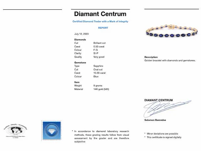 Gouden tennisarmband diamant saffier - afbeelding 8 van  8