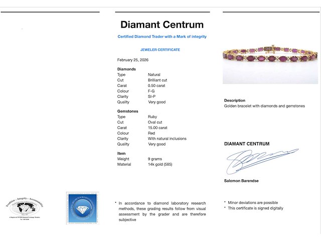 Gouden tennisarmband met diamanten en robijn - afbeelding 3 van  7