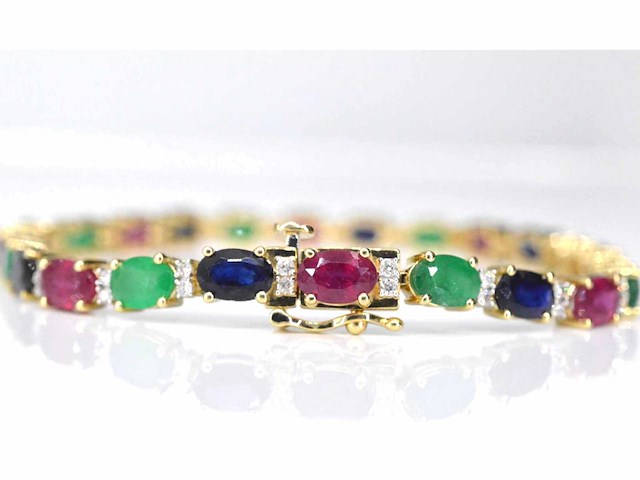 Gouden tennisarmband met diamanten saffier robijn en smaragd - afbeelding 2 van  2