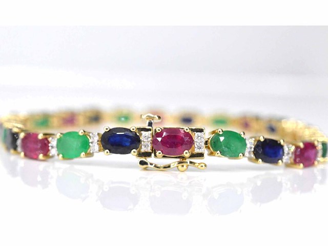 Gouden tennisarmband met diamanten, saffier, robijn en smaragd - afbeelding 3 van  8