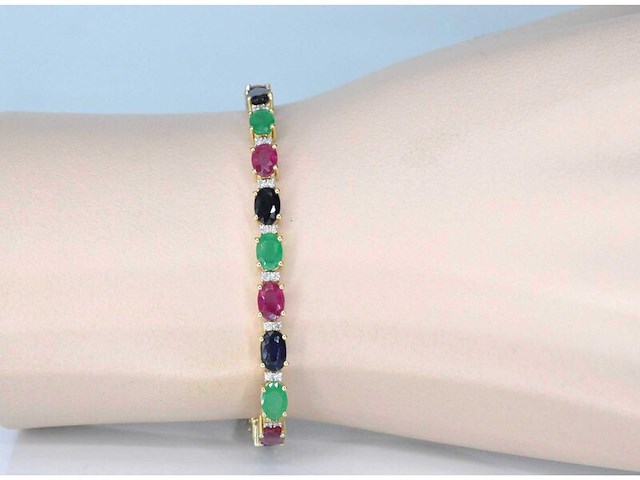 Gouden tennisarmband met diamanten, saffier, robijn en smaragd - afbeelding 1 van  7
