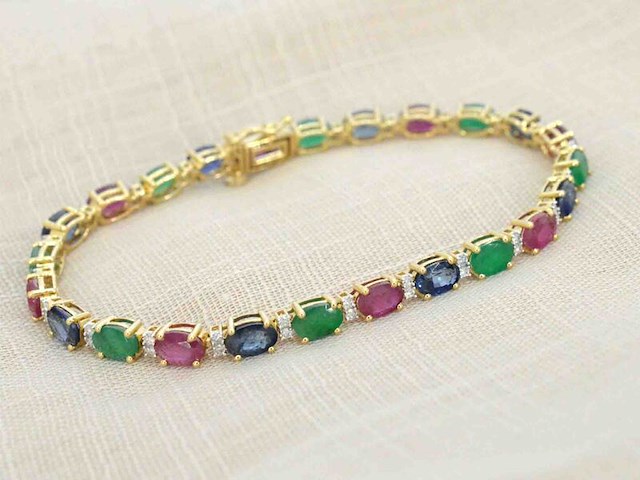Gouden tennisarmband met diamanten, saffier, robijn en smaragd - afbeelding 5 van  7