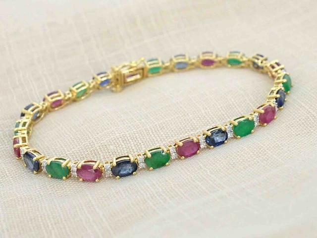 Gouden tennisarmband met diamanten, saffier, robijn en smaragd - afbeelding 6 van  8