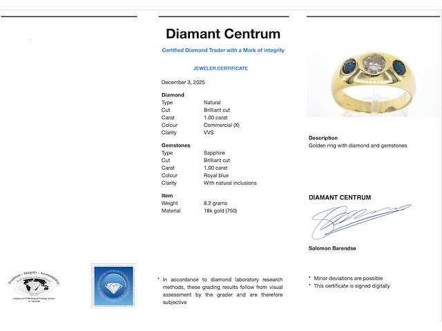 Gouden tiffany herenring diamant saffier - afbeelding 3 van  11